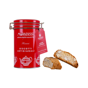 Red Marabissi biscotti tin with two biscotti cookies on a white background